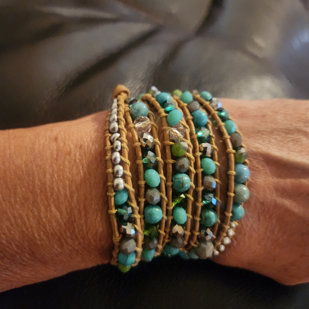 Handmade Turquoise, Crystal Beads, and Tan Leather Wrap Bracelet NEW